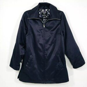Dennis Basso Sz XS Front Zip Rain Jacket Navy Satin Anorak Removable Hood